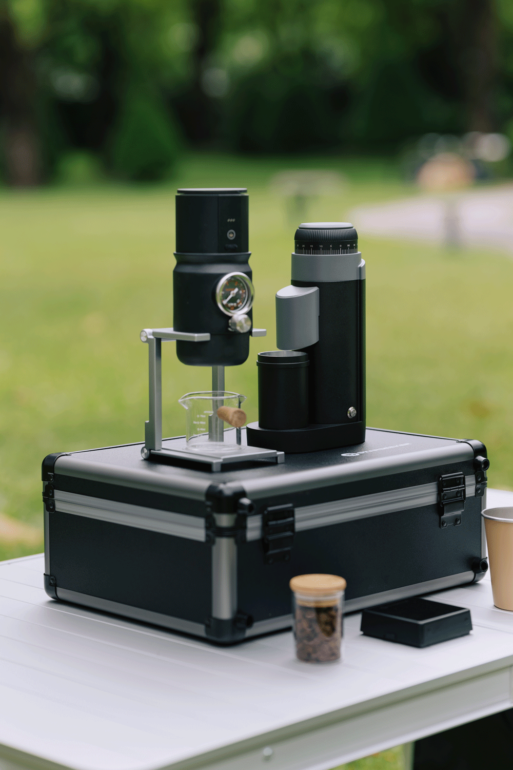 GO50 portable coffee grinder used outdoors